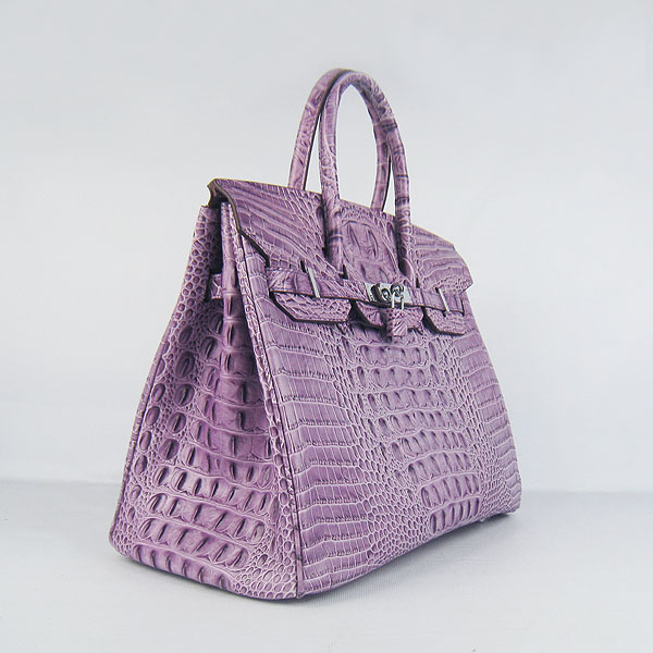 High Quality Fake Hermes Birkin 35CM Crocodile Head Veins Leather Bag Purple 6089 - Click Image to Close